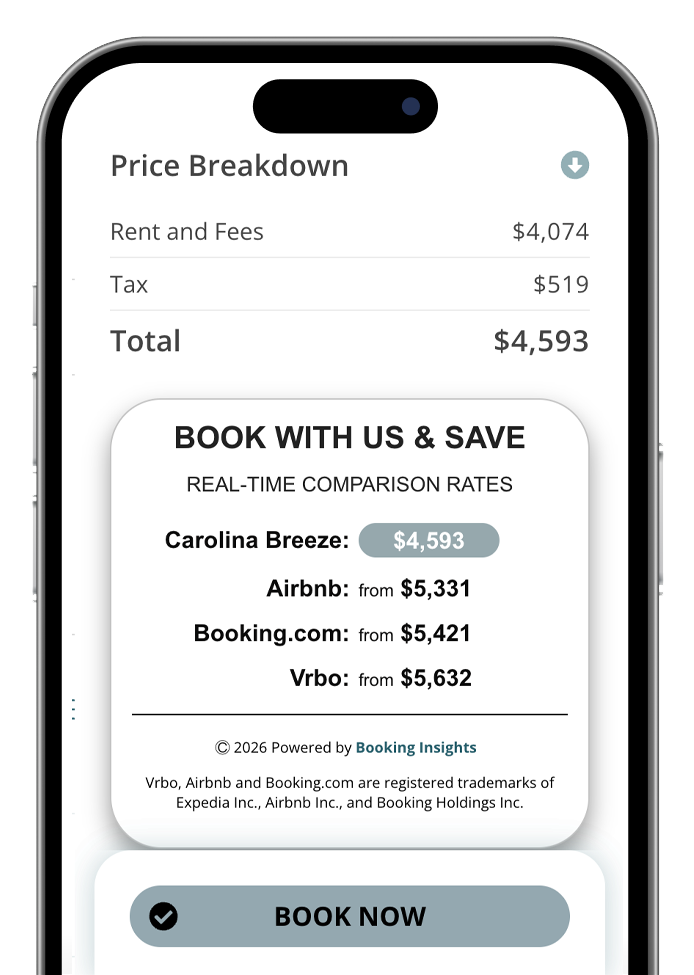 Real-time vacation rental price comparison showing savings when booking directly with Carolina Breeze Vacations